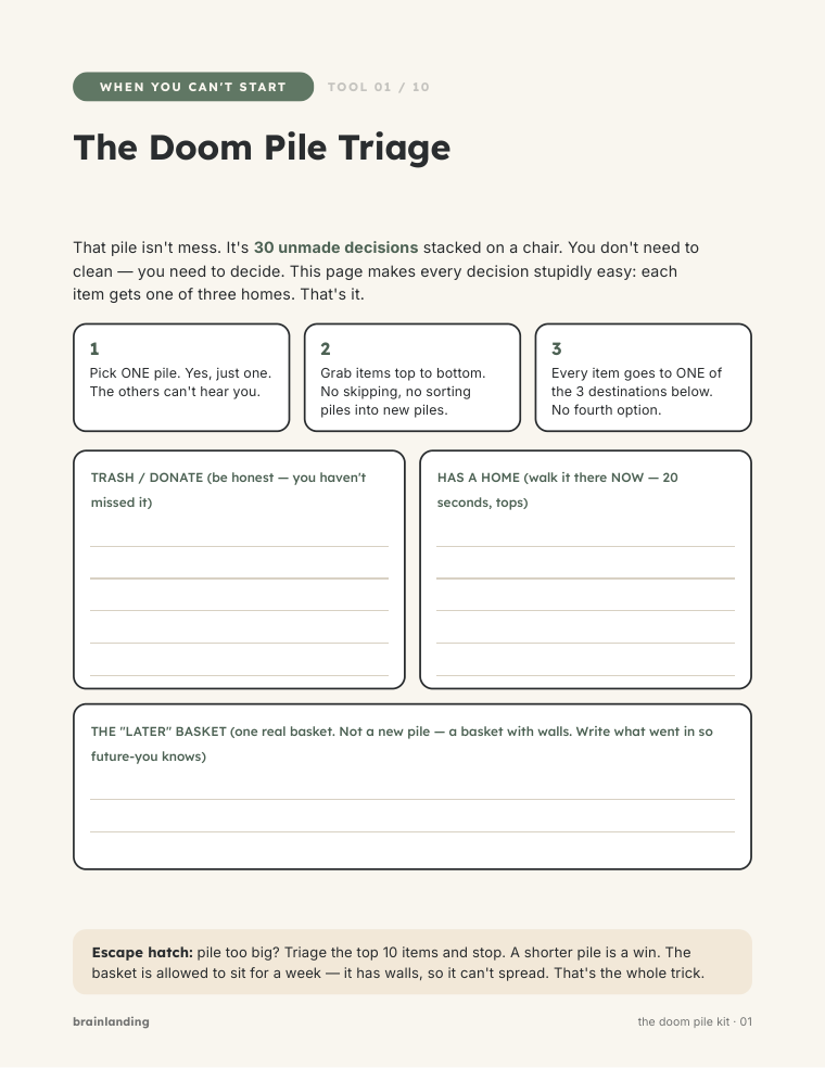 The Doom Pile Triage, a one-page ADHD tool with three destinations to sort a pile into